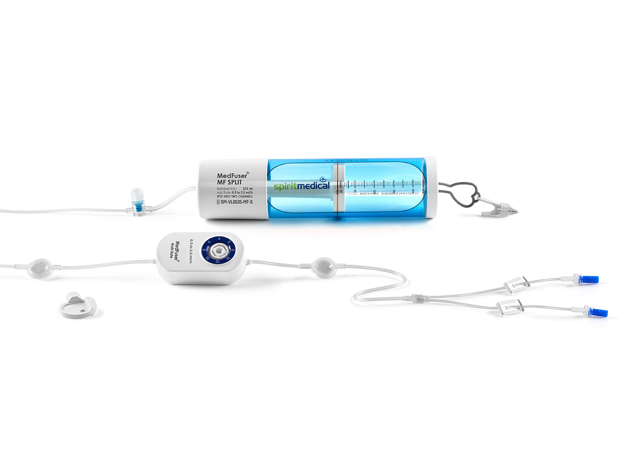 MedFuser® MultiFlow SPLIT Portable Elastomeric Infusion Pump with Bifurcated Output and MultiFlow Rate Control Module