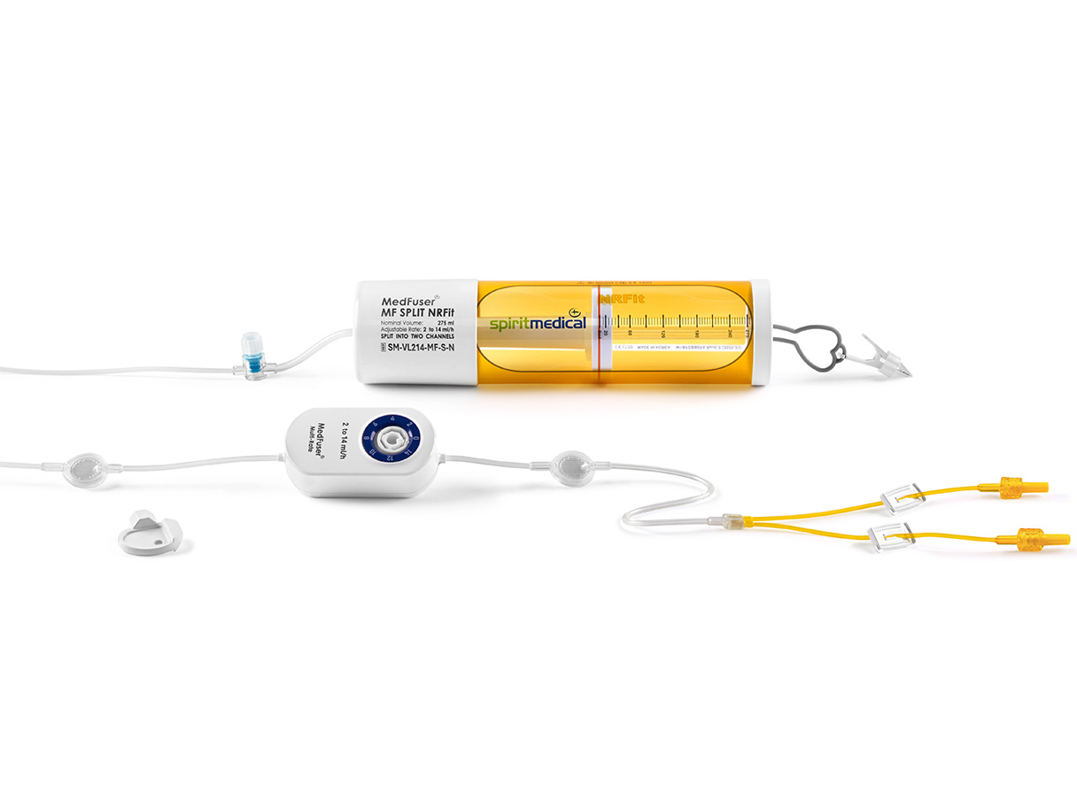 MedFuser® MultiFlow SPLIT NRFit Portable Elastomeric Infusion Pump with bifurcated NRFit output and MultiFlow rate control module
